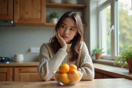 Jeune femme contemplant un bol de fruits frais à la maison