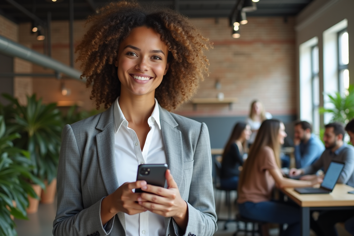 Jeune femme avec smartphone crypto dans espace de coworking