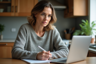 Femme d'âge moyen travaillant sur un ordinateur dans la cuisine