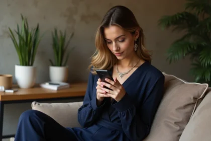 Femme élégante en combinaison navy assise sur un sofa moderne