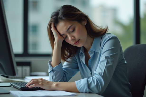 Femme fatiguée au bureau en tenue décontractée
