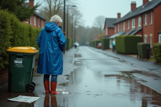 Femme en imperméable bleu au bord d'une rue inondee
