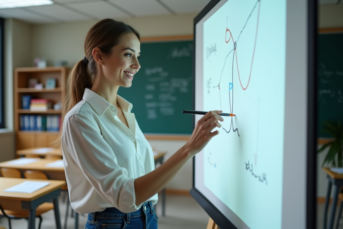Femme utilisant un tableau interactif en classe moderne