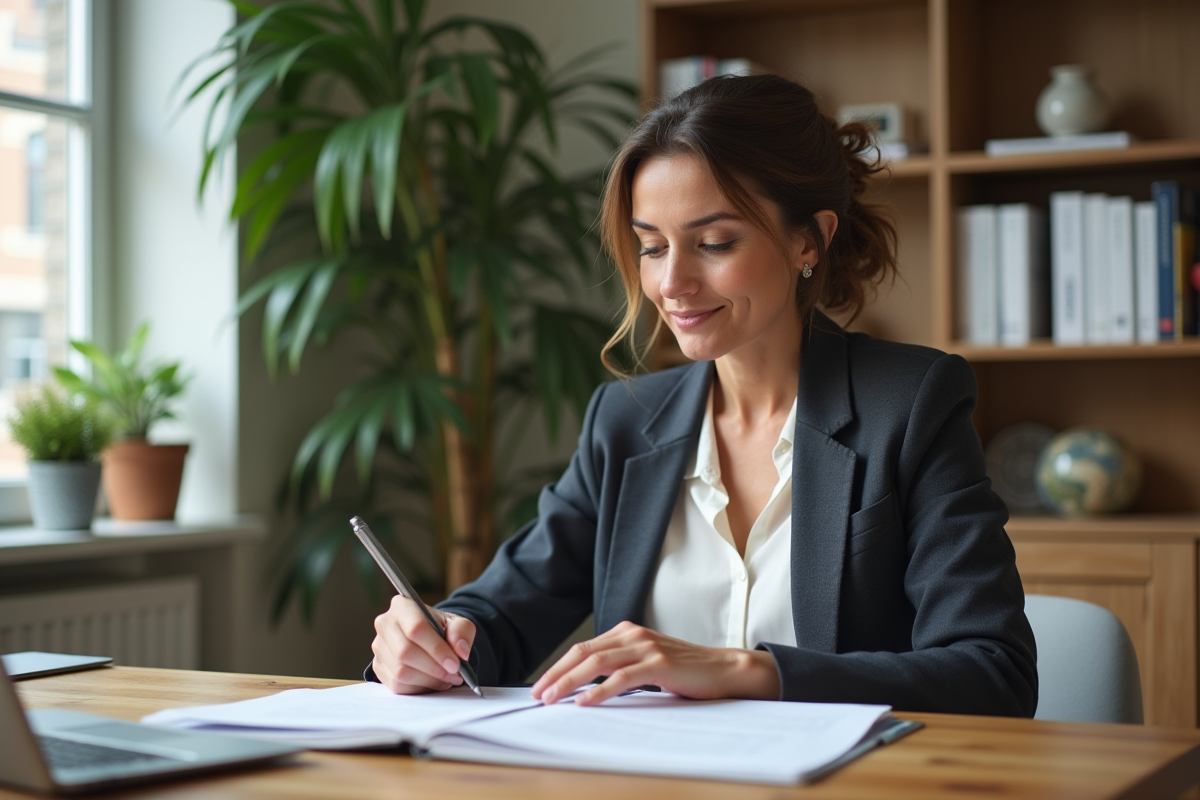 Femme d'âge moyen lisant des documents de prêt immobilier dans un bureau lumineux