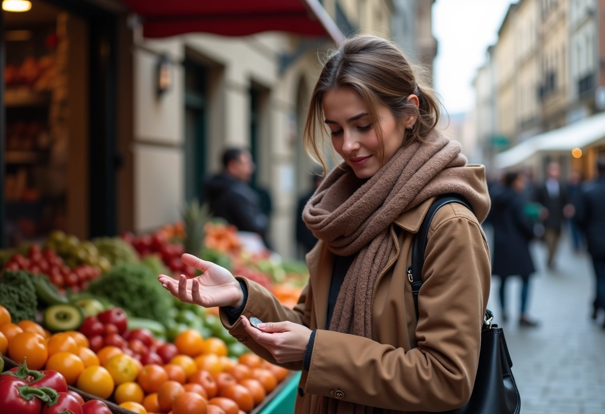 Jeune femme comptant des pièces dans un marché urbain