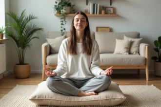 Jeune femme méditant dans un salon minimaliste