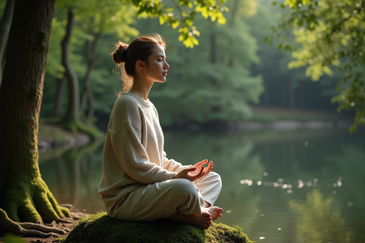 Jeune femme méditant près d’un étang en forêt