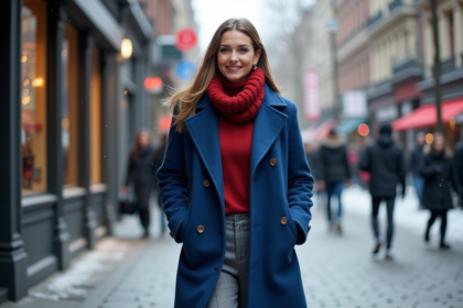 Femme élégante en manteau bleu dans la ville en hiver