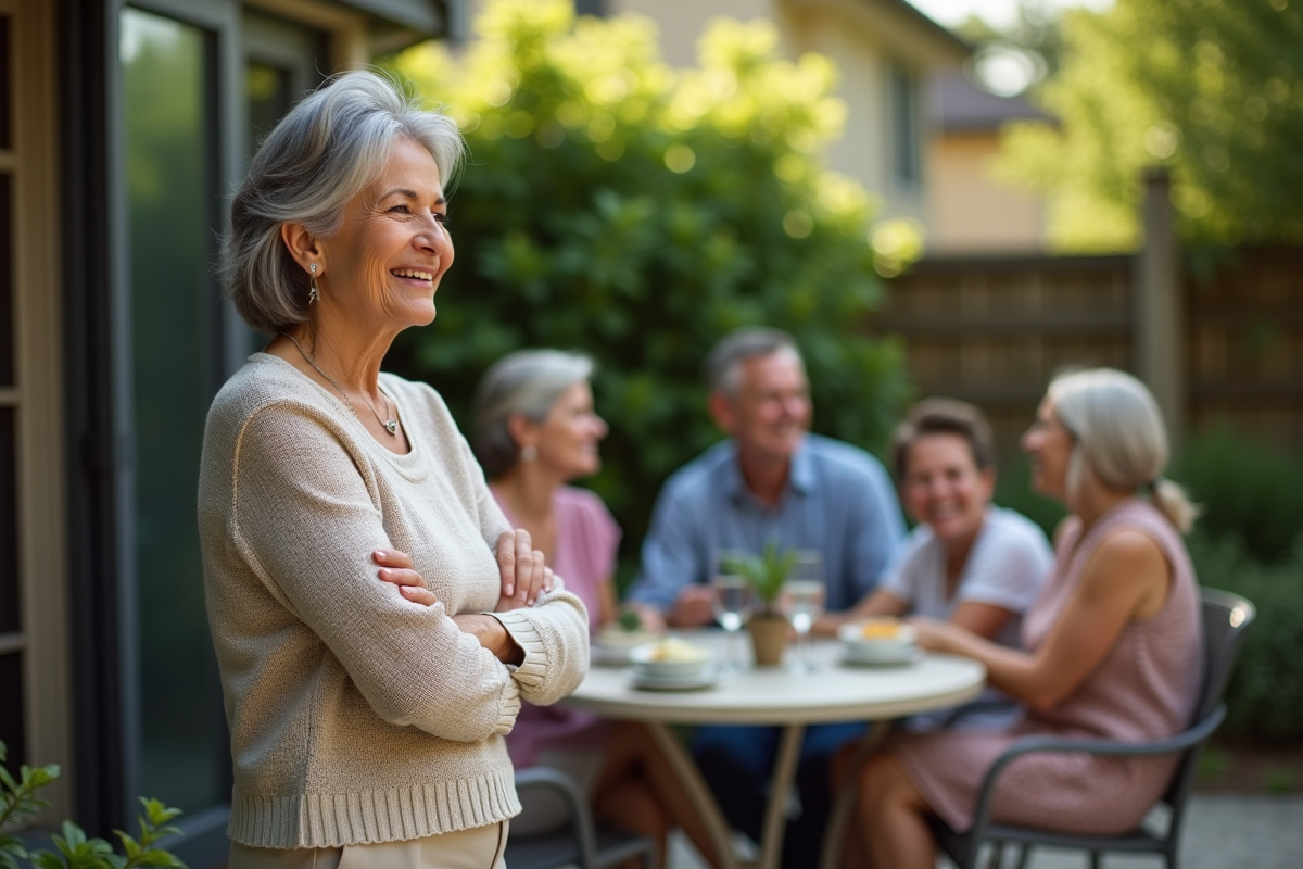 Femme âgée regarde sa famille rire dans le jardin