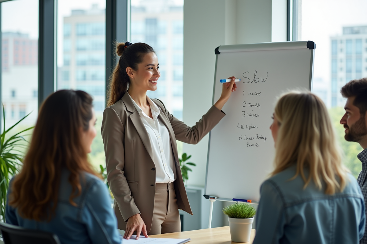 Jeune femme souriante pointant un agenda sur whiteboard