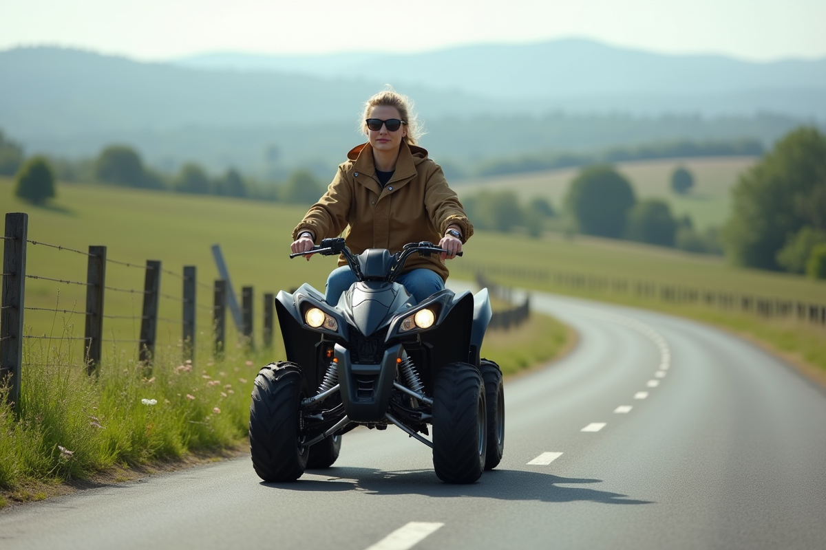 Femme roulant en quad 125cc dans la campagne