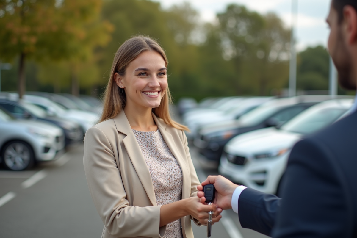 Jeune femme remettant les clés à un vendeur souriant dehors