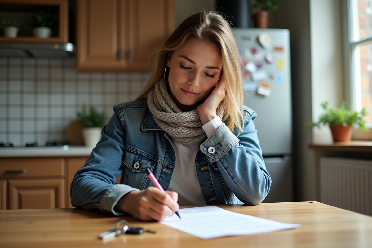Femme signant un contrat de location dans une cuisine lumineuse