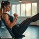 Femme en tenue de sport faisant des levées de jambes dans une salle lumineuse