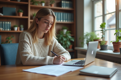 Jeune femme traduisant un document dans un bureau à domicile