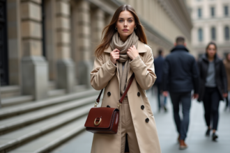 Femme élégante en trench beige dans la ville
