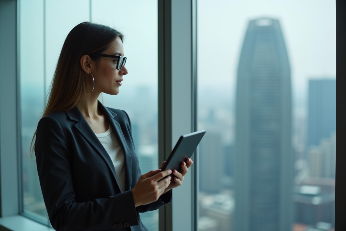 Jeune femme regardant un écran de bourse dans un bureau en ville
