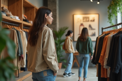 Jeune femme en streetwear écologique dans une boutique minimaliste