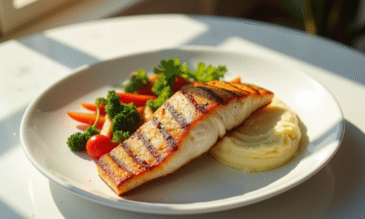 Filet de poisson grillé avec légumes et purée sur une assiette blanche