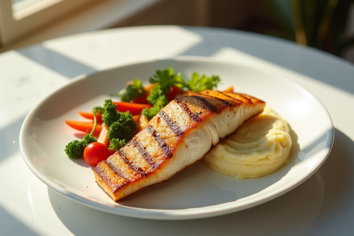 Filet de poisson grillé avec légumes et purée sur une assiette blanche
