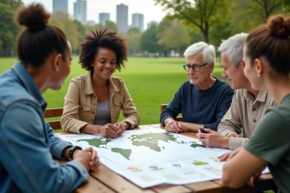 Groupe diversifié autour d'une carte mondiale en plein air
