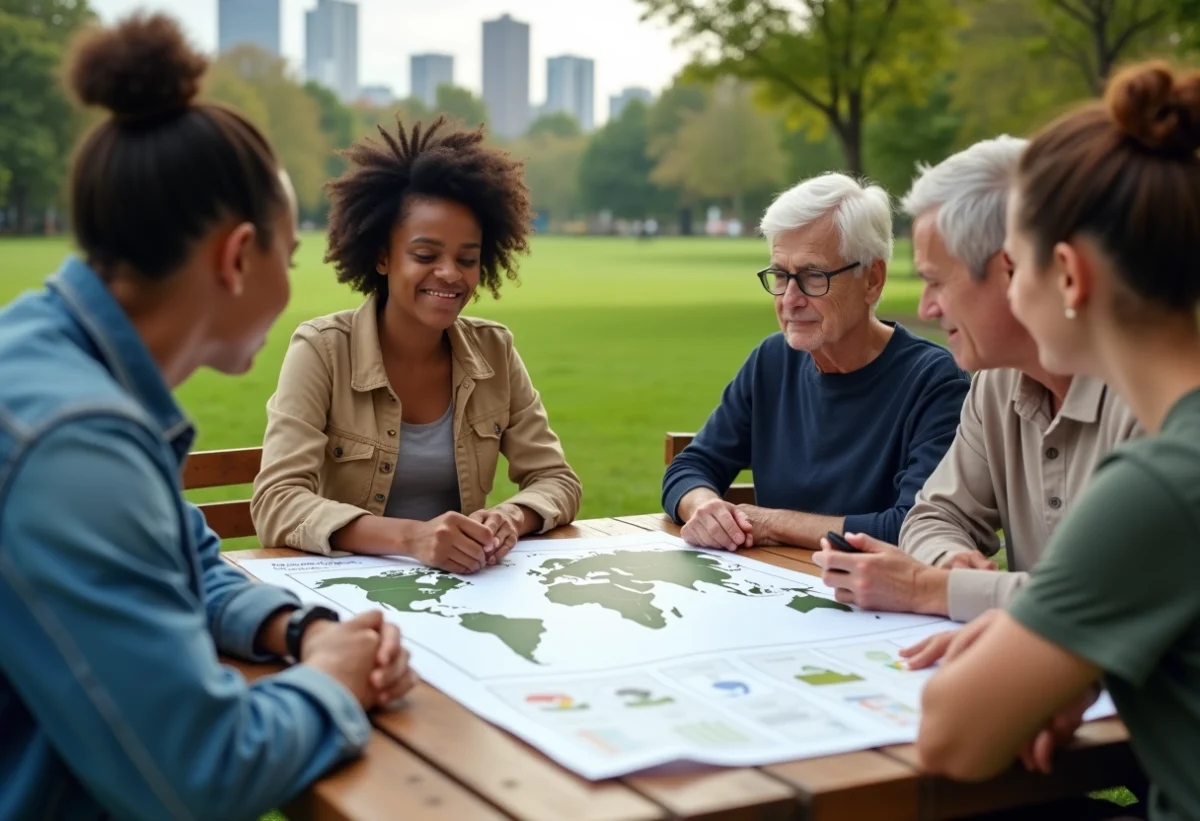 Groupe diversifié autour d'une carte mondiale en plein air