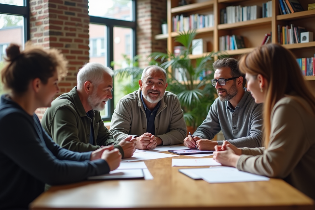 Groupe de cinq personnes diverses en discussion collaborative