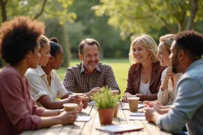 Groupe de personnes diverses discutant en extérieur avec objets écoresponsables