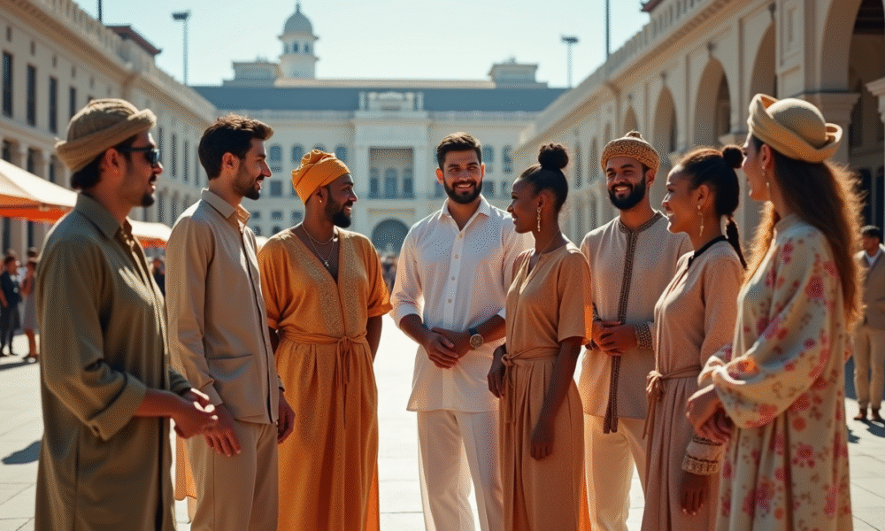 Groupe divers en ville avec tenues culturelles et modernes