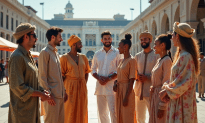 Groupe divers en ville avec tenues culturelles et modernes