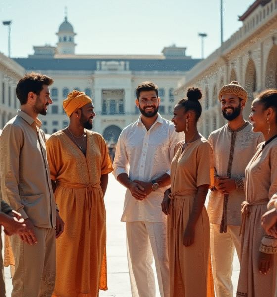 Groupe divers en ville avec tenues culturelles et modernes