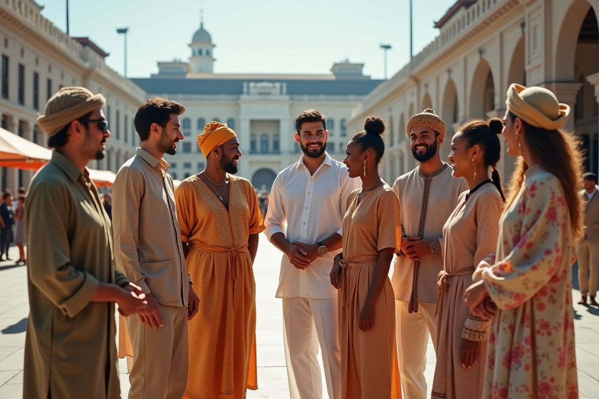 Groupe divers en ville avec tenues culturelles et modernes
