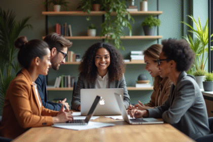 Groupe de professionnels en réunion dans un espace coworking