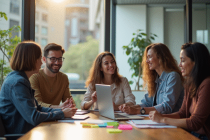 Groupe divers en réunion de travail dans un bureau lumineux