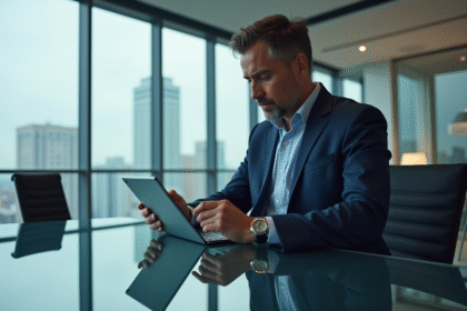 Homme d'affaires en costume bleu analysant des données numériques