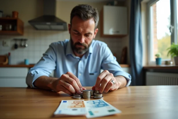 Homme d'âge moyen comptant des euros dans une cuisine