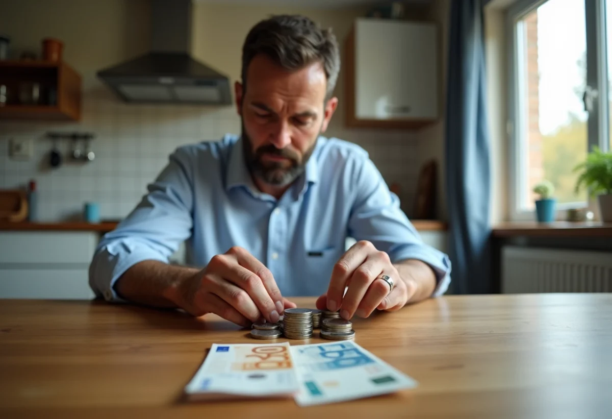 Homme d'âge moyen comptant des euros dans une cuisine