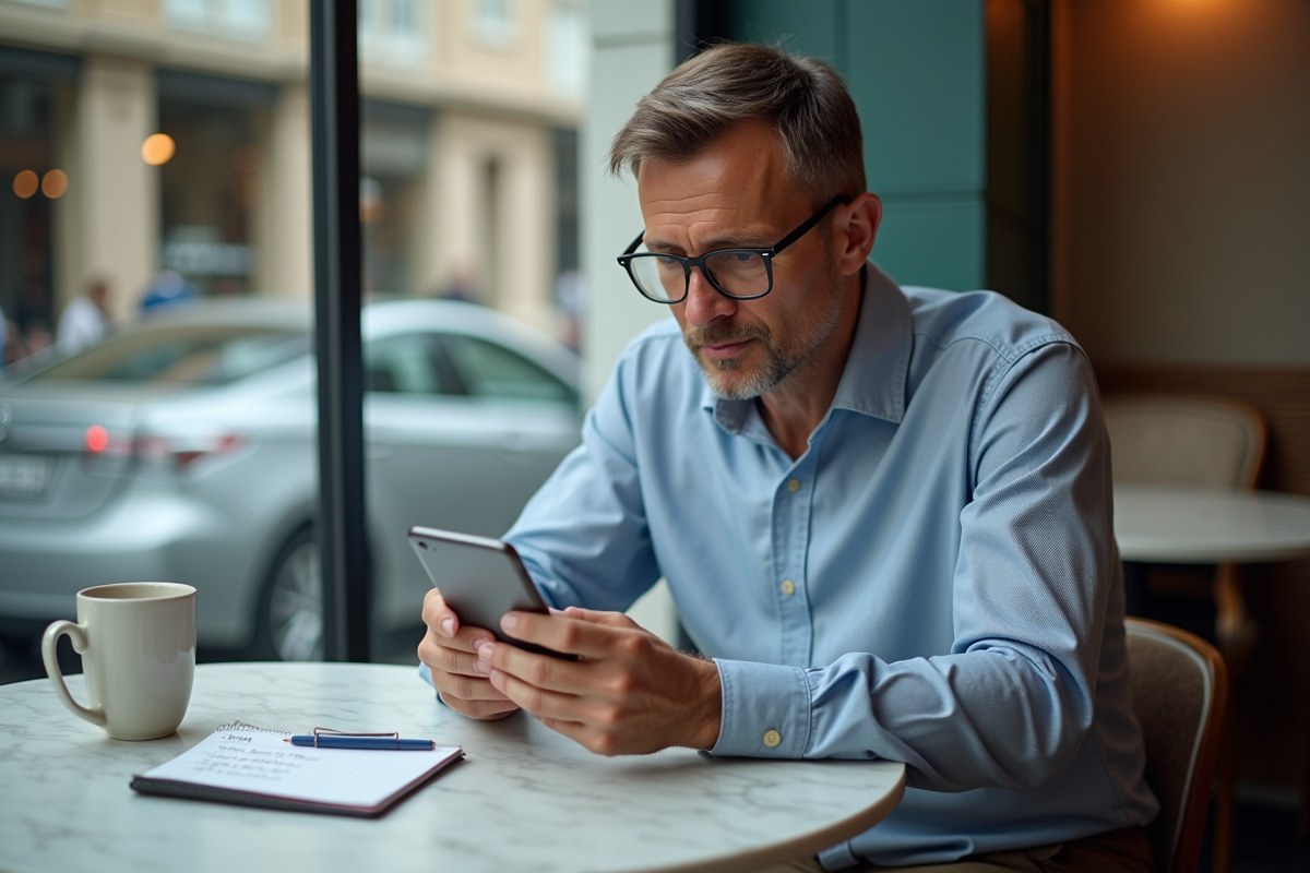 Homme utilisant son smartphone dans un café urbain