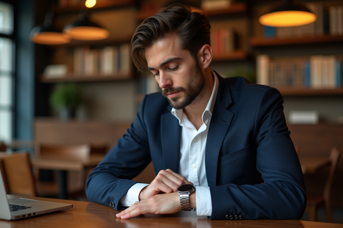 Jeune homme en blazer dans un café cosy