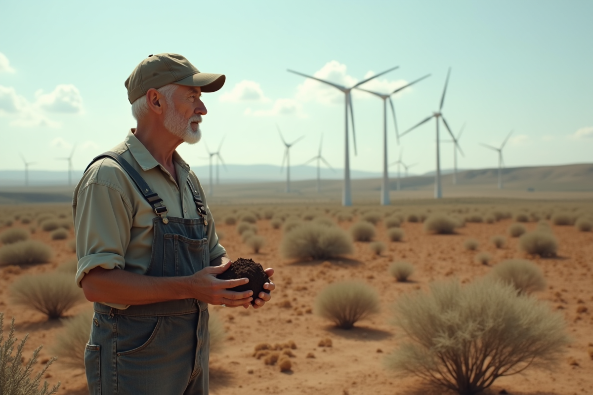 Homme plus âgé observant un terrain aride avec éoliennes en arrière-plan