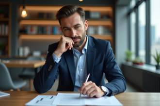 Homme en costume bleu examine des documents de prêt immobilier
