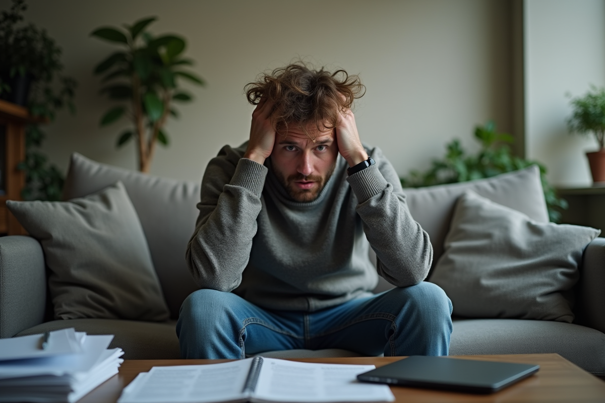 Homme stressé assis sur un canapé à la maison