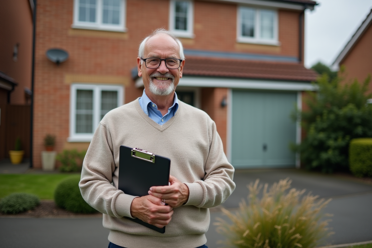 Homme âgé devant sa maison de banlieue avec un carnet