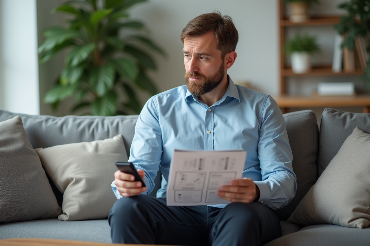 Homme d'âge moyen lisant un manuel avec une télécommande dans un salon