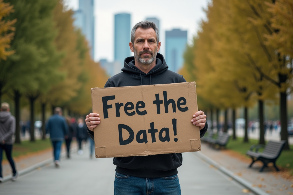 Homme avec une pancarte dans un parc urbain en ville