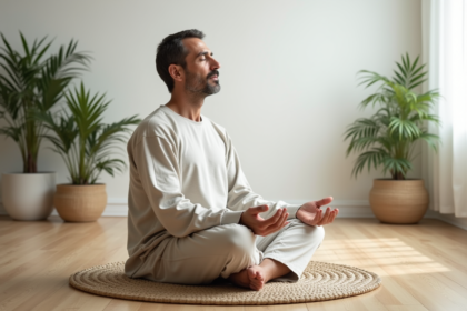 Homme méditant assis en indien dans un salon minimaliste