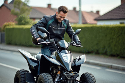 Homme vérifiant un quad 125cc dans un quartier calme