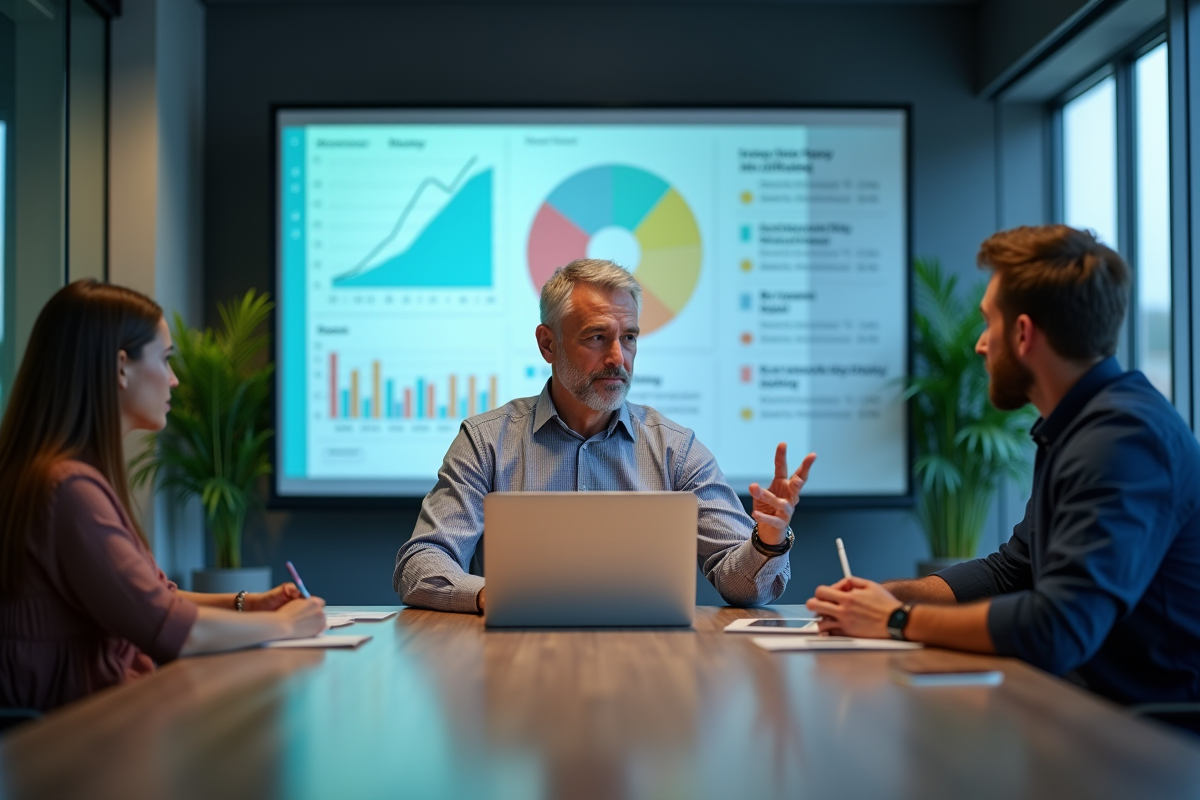 Homme en réunion contrôlant une présentation interactive