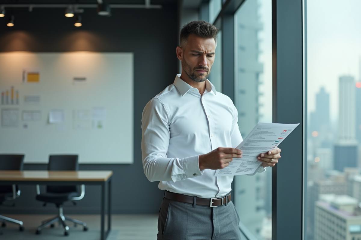 Homme lisant un rapport dans un bureau urbain