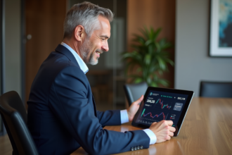Homme en costume bleu examinant un graphique crypto sur tablette